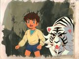 painting of a young boy and a white tiger in front of a black and white background