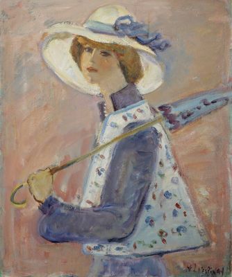 tableau représentant une femme coiffée d'un chapeau blanc et tenant un parapluie