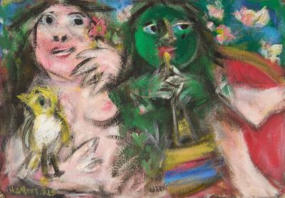 un tableau représentant une femme tenant un oiseau à côté d'un homme