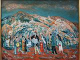 an oil painting of a group of people standing in front of a mountain