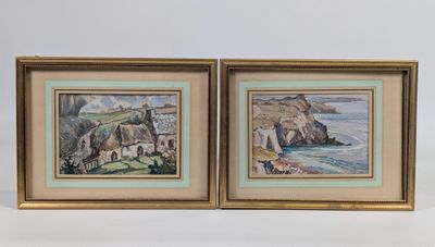 paire d'aquarelles représentant un paysage côtier