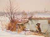 a painting of two bears in the snow by the water