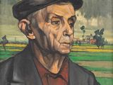 tableau représentant un vieil homme coiffé d'un chapeau et vêtu d'une chemise rouge dans un champ