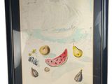 painting of a watermelon, a banana, and other fruit on a beach