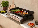 a grill with vegetables on the counter next to a potted plant