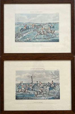 deux reproductions encadrées représentant des chevaux et des jockeys en pleine course dans l'eau
