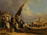 une image d'un tableau représentant un groupe de personnes sur une plage