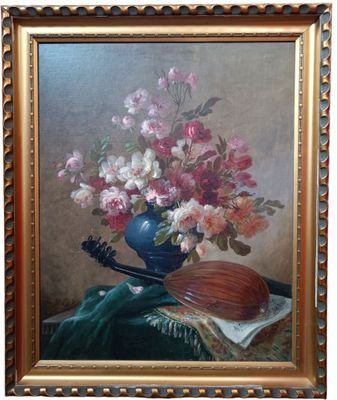 tableau représentant un vase de fleurs et un violon posés sur une table