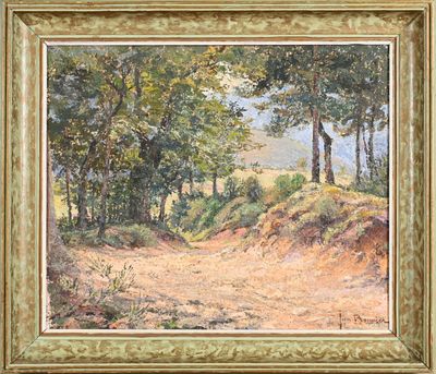 a painting of a dirt road with trees in the background