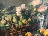 a painting of a basket of fruit and flowers on a table