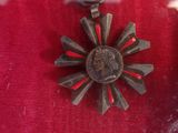 a medal on a red cloth with a red ribbon