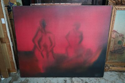 a picture of a painting of two people on a red background