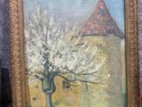 an oil painting of a tree in front of a building