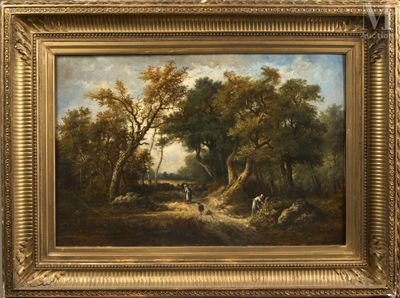 un tableau représentant un paysage boisé avec deux hommes et un chien