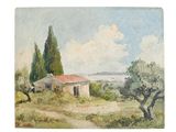 an image of a painting of a house and trees in a field