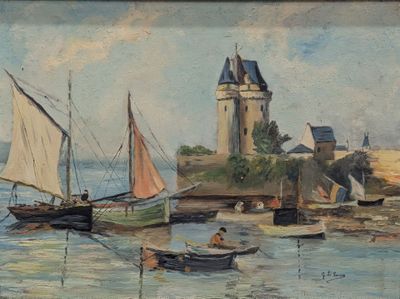 un tableau représentant des bateaux sur l'eau près d'un phare