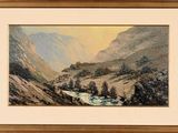 an image of a painting of a mountain scene with a river