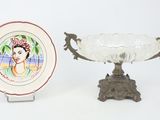 a plate with a picture of a woman on it next to a bowl with a picture of a woman on it