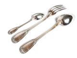 three silver spoons and a fork on a white surface