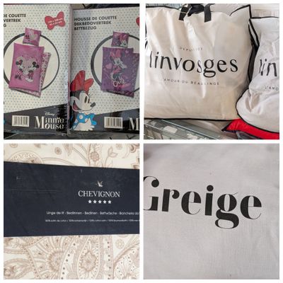 plusieurs photos différentes de sacs et d'oreillers exposés dans un magasin