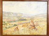 an image of a painting of a landscape with hay bales