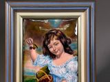 tableau représentant une femme tenant un panier de fruits devant un mur gris