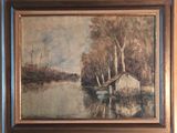 une image représentant un tableau où l'on voit un bateau sur un lac