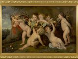a painting of a group of nudes with flowers in a basket