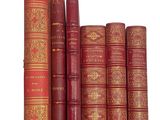 Plusieurs livres rouges sont empilés les uns sur les autres sur une surface blanche