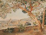 peinture représentant un paysage avec un arbre et un bâtiment au loin