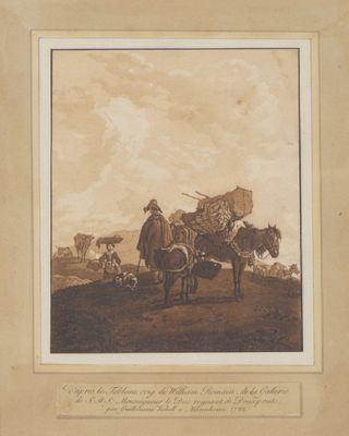 an old picture of a man on a horse with a cart full of animals