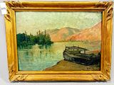 une peinture représentant un bateau au bord d'un lac