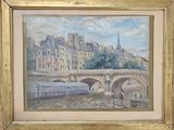 une peinture à l'huile représentant un pont sur une rivière avec des bâtiments à l'arrière-plan