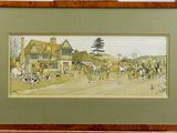 tableau encadré représentant une course de chevaux dans un décor champêtre