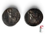 two ancient coins with a woman and a man on them