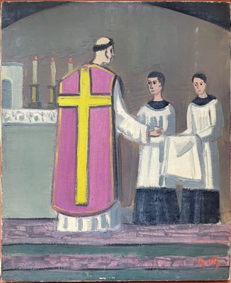 une image représentant un tableau où l'on voit un prêtre serrer la main de deux femmes