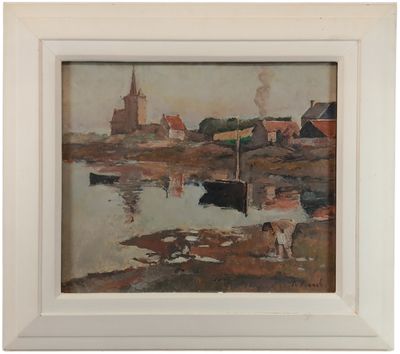 l'image d'une peinture représentant un bateau dans un plan d'eau