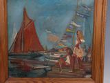 a picture of a painting of a woman and a child on the beach