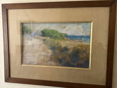 tableau encadré représentant une scène de plage avec un sentier menant à l'océan