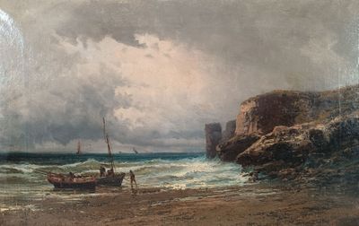 tableau représentant un bateau sur une plage près d'une falaise rocheuse