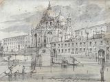 drawing of a view of a city with a church and gondola