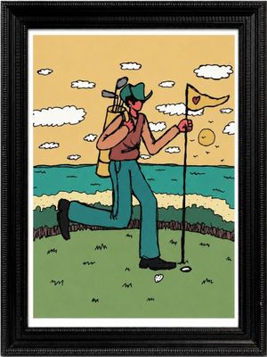 a cartoon picture of a man with a golf club on the beach