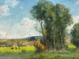 tableau représentant des vaches paissant dans un champ, avec des arbres en arrière-plan