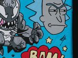 graffiti painting of a shark and a man with a bat on a blue background