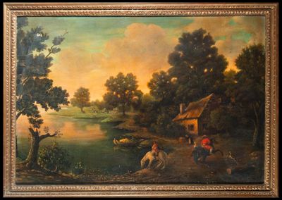 painting of a painting of a river scene with a man and a dog