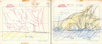 esquisses d'un dessin représentant un bateau sur l'eau et d'un dessin représentant un bateau sur l'eau