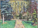 une peinture à l'huile représentant un sentier dans un parc, avec une maison en arrière-plan