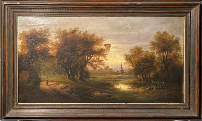 une peinture à l'huile représentant un paysage avec des arbres et une rivière au premier plan