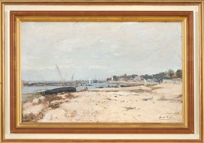 une peinture à l'huile d'une scène de plage avec des bateaux dans l'eau
