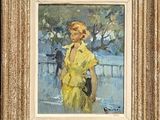 an oil painting of a woman in a yellow dress holding a black purse